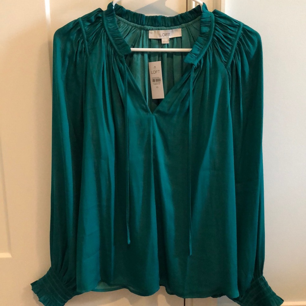 LOFT Smocked Cuff Tie Neck Blouse